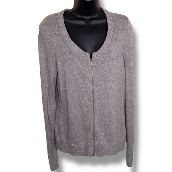 Petite Large Talbots Grey Silver Studded Cardigan Sweater Knit Zip Front Closure - Picture 1 of 13